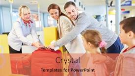  Presentation with airport terminal - Amazing slide deck having family-and-airport-staff backdrop and a coral colored foreground