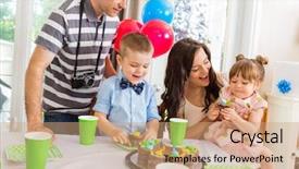  Presentation with children birthday - Colorful PPT theme enhanced with family and children celebrating birthday party at home backdrop and a coral colored foreground