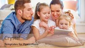  Presentation with play children - Beautiful presentation design featuring family-and-children-play-together backdrop and a coral colored foreground