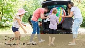  Presentation with luggage - Colorful slide set enhanced with family and children together load the car with luggage before the summer vacation backdrop and a coral colored foreground