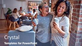  Presentation with family talking - PPT theme enhanced with family and friends dining at home celebrating christmas eve with traditional food and decoration women talking together happy and casual background and a ocean colored foreground