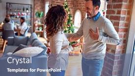  Presentation with christmas food - Slide deck featuring family and friends dining at home celebrating christmas eve with traditional food and decoration middle age couple speaking happy and casual background and a ocean colored foreground