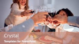  Presentation with christmas best wishes - PPT theme featuring family and friends dining at home celebrating christmas eve with traditional food and decoration making a toast with best wishes with glass of wine background and a coral colored foreground