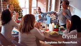  Presentation with christmas best wishes - Presentation consisting of family and friends dining at home celebrating christmas eve with traditional food and decoration making a toast for new year best wishes background and a tawny brown colored foreground