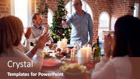  Presentation with christmas best wishes - Beautiful presentation design featuring family and friends dining at home celebrating christmas eve with traditional food and decoration making a toast for new year best wishes backdrop and a tawny brown colored foreground