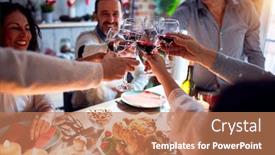  Presentation with christmas best wishes - Presentation having family and friends dining at home celebrating christmas eve with traditional food and decoration making a toast with best wishes with glass of wine background and a coral colored foreground