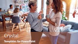  Presentation with family talking - Amazing PPT theme having family-and-friends-dining backdrop and a coral colored foreground