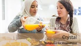  Presentation with dinner - Colorful slide deck enhanced with family and friends gathering together backdrop and a coral colored foreground