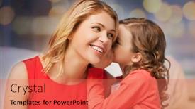  Presentation with ear - Slide deck having family and people concept - happy mother and daughter whispering something into ear over festive lights background background and a coral colored foreground
