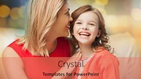  Presentation with festive - Theme with family and people concept - happy mother and daughter whispering something into ear over festive lights background background and a coral colored foreground