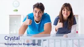  Presentation with happy baby - Presentation theme with family at baby bed cot background and a light blue colored foreground