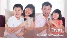  Presentation with living room family - PPT theme featuring happy asian family singing karaoke background and a coral colored foreground