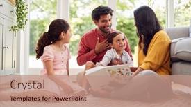  Presentation with family reading - PPT layouts consisting of family-at-home-sitting background and a coral colored foreground