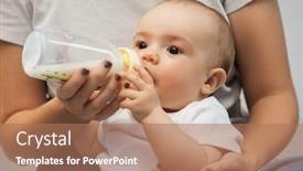  Presentation with baby bottle formula - Presentation design with family babyhood and people concept - close up of mother feeding baby with milk formula from bottle background and a coral colored foreground