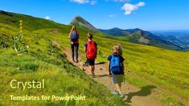  Presentation with mountain hiking - Colorful theme enhanced with family-backpacker-hiking-amazing-mountain backdrop and a tawny brown colored foreground