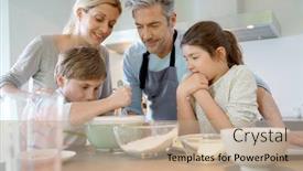  Presentation with baking cake - Slide deck with family baking cake together in home kitchen background and a coral colored foreground