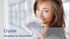  Presentation with real estate - Theme with family banking - beautiful young woman holding euros background and a sky blue colored foreground