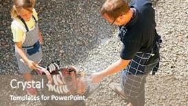  Presentation with sausages - Beautiful presentation featuring family barbeque - father and daughter preparing meat backdrop and a coral colored foreground