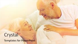  Presentation with bad - Audience pleasing presentation theme consisting of family bedtime resting age and people concept - happy senior coupler lying in bad at home backdrop and a lemonade colored foreground