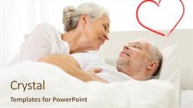  Presentation with family day - PPT theme featuring family bedtime valentines day love and people concept - happy senior coupler lying in bad and talking at home with red heart shape background and a sky blue colored foreground