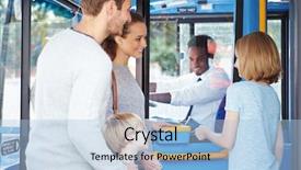  Presentation with ticket - Colorful presentation design enhanced with family boarding bus and buying backdrop and a light blue colored foreground