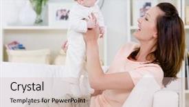  Presentation with happy baby - Cool new theme with family bond - happy young mother playing backdrop and a soft green colored foreground