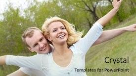  Presentation with stretching - Slide deck enhanced with family bond - portrait of happy couple stretching background and a  colored foreground