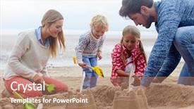  Presentation with building - PPT layouts enhanced with family building sandcastles on beach background and a coral colored foreground