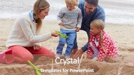  Presentation with building - Theme having family building sandcastles on beach background and a coral colored foreground