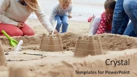  Presentation with penang heritage building - Slide set consisting of family building sandcastles on beach background and a coral colored foreground