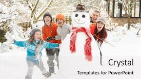  Presentation with winter family - PPT theme consisting of family building snowman in garden background and a white colored foreground