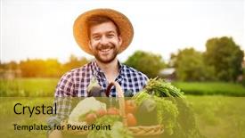  Presentation with organic - Theme with family business - cheerful farmer with organic vegetables background and a gold colored foreground