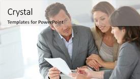  Presentation with meeting family - PPT theme enhanced with family business - couple meeting financial adviser background and a light gray colored foreground