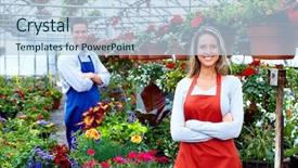  Presentation with greenhouse - Cool new slide set with family business - florists couple working with flowers backdrop and a light blue colored foreground