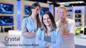  Presentation with consumer electronics - Slides with family business - people in consumer electronics retail background and a light blue colored foreground