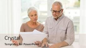  Presentation with business calculator - Cool new slides with family business savings age and people concept - senior couple with papers and calculator at home backdrop and a coral colored foreground