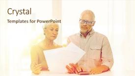  Presentation with business calculator - Beautiful slides featuring family business savings age and people concept - senior couple with papers and calculator at home backdrop and a cream colored foreground