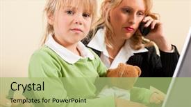  Presentation with work family - Amazing presentation having family business - telecommuter businesswoman and mother having trouble to concentrate on her work while the kid is trying to get some attention - metaphor for the lifestyle choices we all face backdrop and a mint green colored foreground