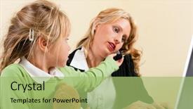  Presentation with work family - Slides with family business - telecommuter businesswoman and mother having trouble to concentrate on her work while the kid is trying to get some attention - metaphor for the lifestyle choices we all face background and a mint green colored foreground