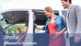  Presentation with car buying - Colorful PPT theme enhanced with family buying van at car backdrop and a ocean colored foreground