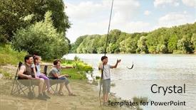  Presentation with river forest - Presentation theme with family camping and fishing river background and a coral colored foreground