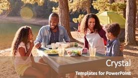  Presentation with camping - Colorful PPT layouts enhanced with family camping by lake backdrop and a tawny brown colored foreground