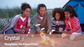  Presentation with toasting - Beautiful PPT theme featuring family camping on beach backdrop and a coral colored foreground