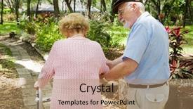  Presentation with senior care - Beautiful presentation theme featuring osteoporosis - senior man taking care backdrop and a coral colored foreground