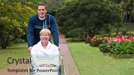  Presentation with walk - Cool new presentation with son pushing senior mother on wheelchair outdoors for a walk backdrop and a yellow colored foreground