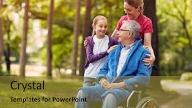  Presentation with wheelchair - PPT theme consisting of healthcare spending - woman visiting her disabled father background and a gold colored foreground