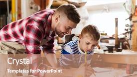  Presentation with family - Slides featuring family carpentry woodwork and people concept - happy father and little son with blueprint at workshop background and a coral colored foreground