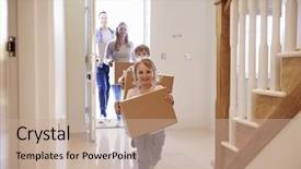  Presentation with new home - PPT layouts consisting of family carrying boxes into new background and a coral colored foreground