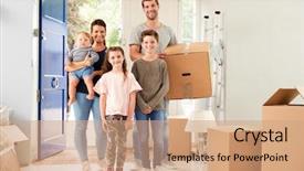  Presentation with family day - Amazing PPT layouts having family carrying boxes into new backdrop and a coral colored foreground