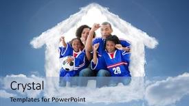  Presentation with goal - Cool new PPT theme with family celebrating a goal at home against cloudy sky with sunshine backdrop and a light blue colored foreground